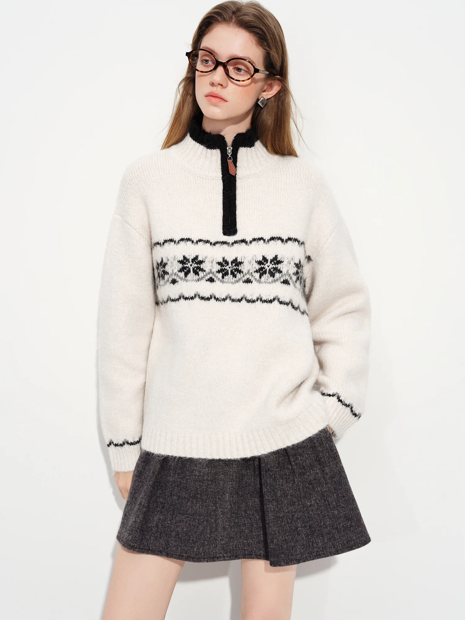 

FSLE Vintage Fair Isle Jacquard Knit Sweater for Women 2025 Winter New Arrival Semi Open Front Zip-Up Pullover Winter Sweaters