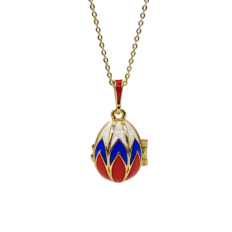 Enamel Colourful Faberge Easter Egg Pendant Necklace Jewelry Locket Brass Vintage Crystal Angel Inside Christmas Present Gift
