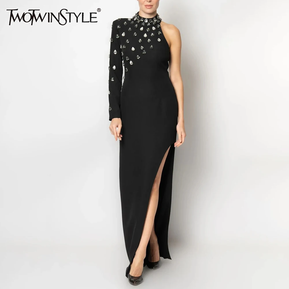

TWOTWINSTYLE Solid Elegant Patchwork Diamonds Dress For Women Stand Collar One Shoulder Sleeve High Waist Split Dresses Female