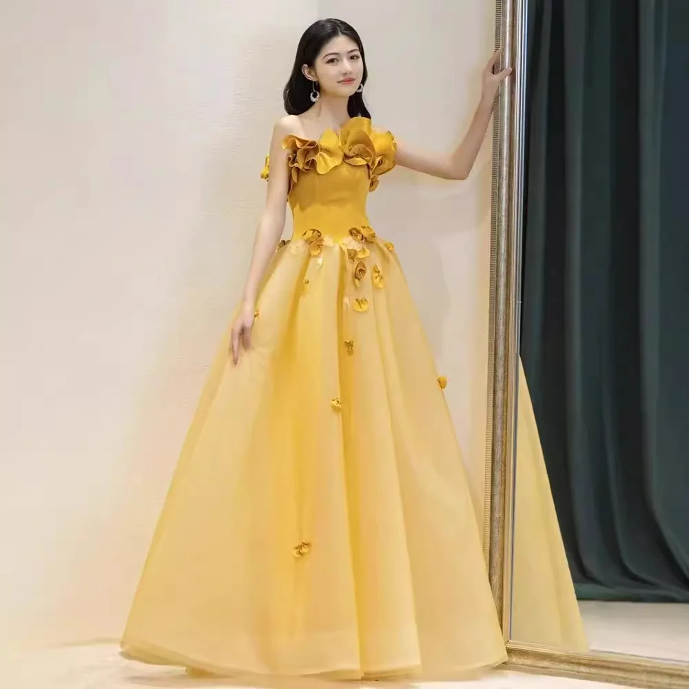 Yellow banquet evening dress tube top three-dimensional flower toast dress bridesmaid engagement party graduation dress