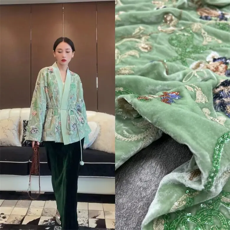 New High-Precision Green Bottom Silk Velvet Machine Embroidery Fabric Colored Beads National Style Top Vest Fabric