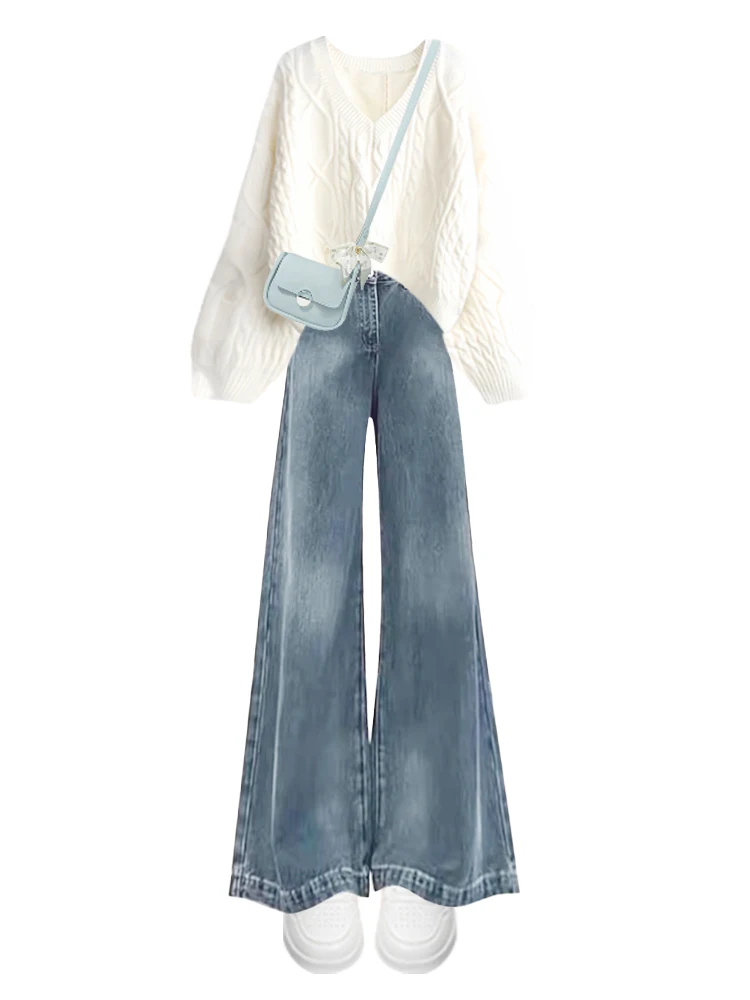 Autunno Inverno Morbido e accogliente Design con foro alla moda Maglione e jeans a campana Set da due pezzi per donna Casual Loose Sle Faion