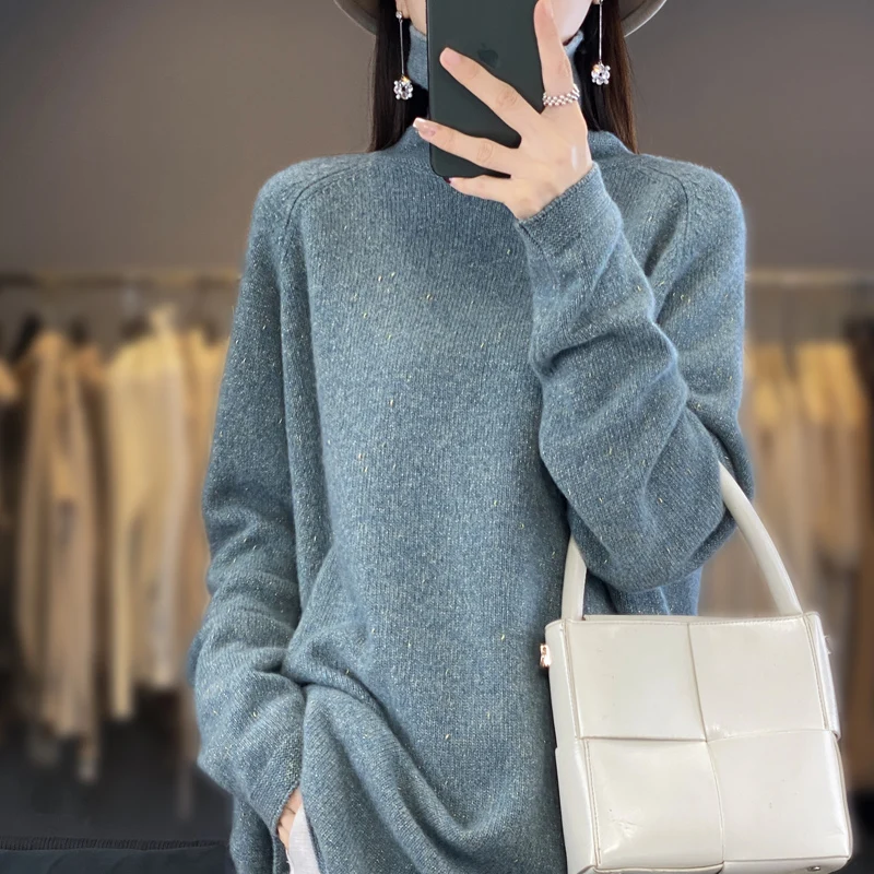 High Neck Mid Length Pullover Sweater Women's Winter Long Sleeved Solid Color Loose With Lazy Style100%Merino Pure Wool Knit Top