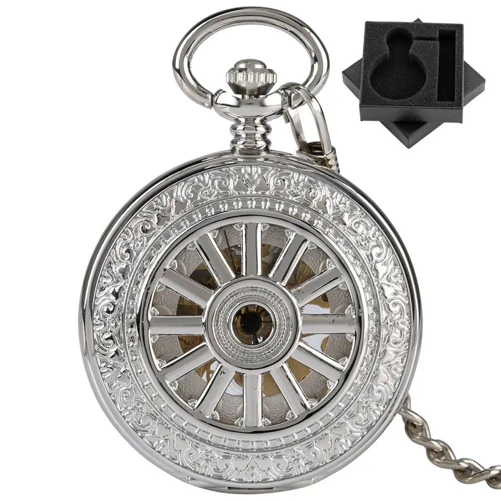الأرقام الرومانية الهاتفي الجوف الفضة دليل ساعة الجيب الميكانيكية الرجعية Steampunk فوب سلسلة الميكانيكية اليد لف ساعة الجيب