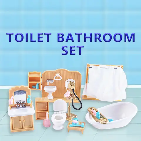 SENGTONGLE-T03 Bathroom Set Dollhouse Miniature Furniture Bathtub Pretend Play Doll House Accessories For Boy Girl Gifts