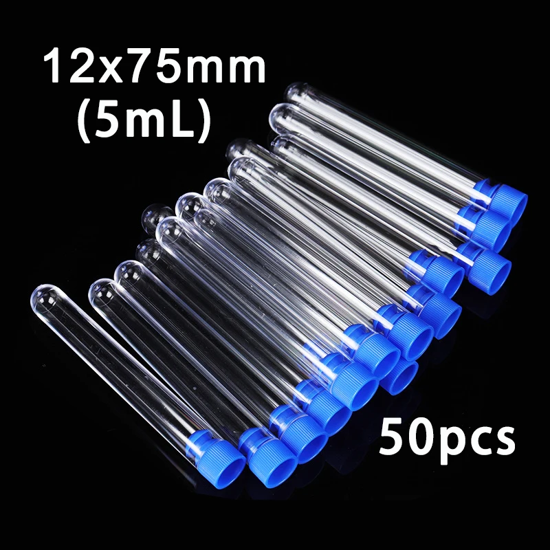 50pcs Laboratory Transparent Test Tube 12x75mm ( 5ml ) Clear PP Plastic Test Tubes Set With Blue Or Red Caps