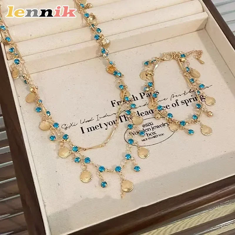 LENNIK Super Flash Double Shell Halskette Damen Sommer PremiumCollarbone Chain Zarte Fransen Halskette Blue Love
