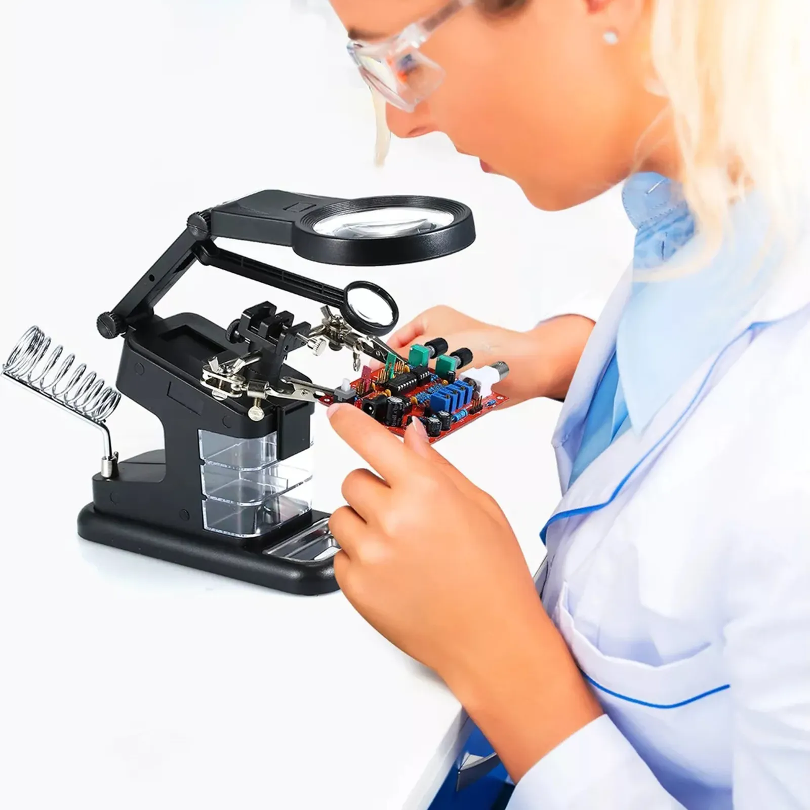 Soldering Station Magnifier Lamp with Adjustable LED Light Desk Clamp for Electronics Repair and Welding