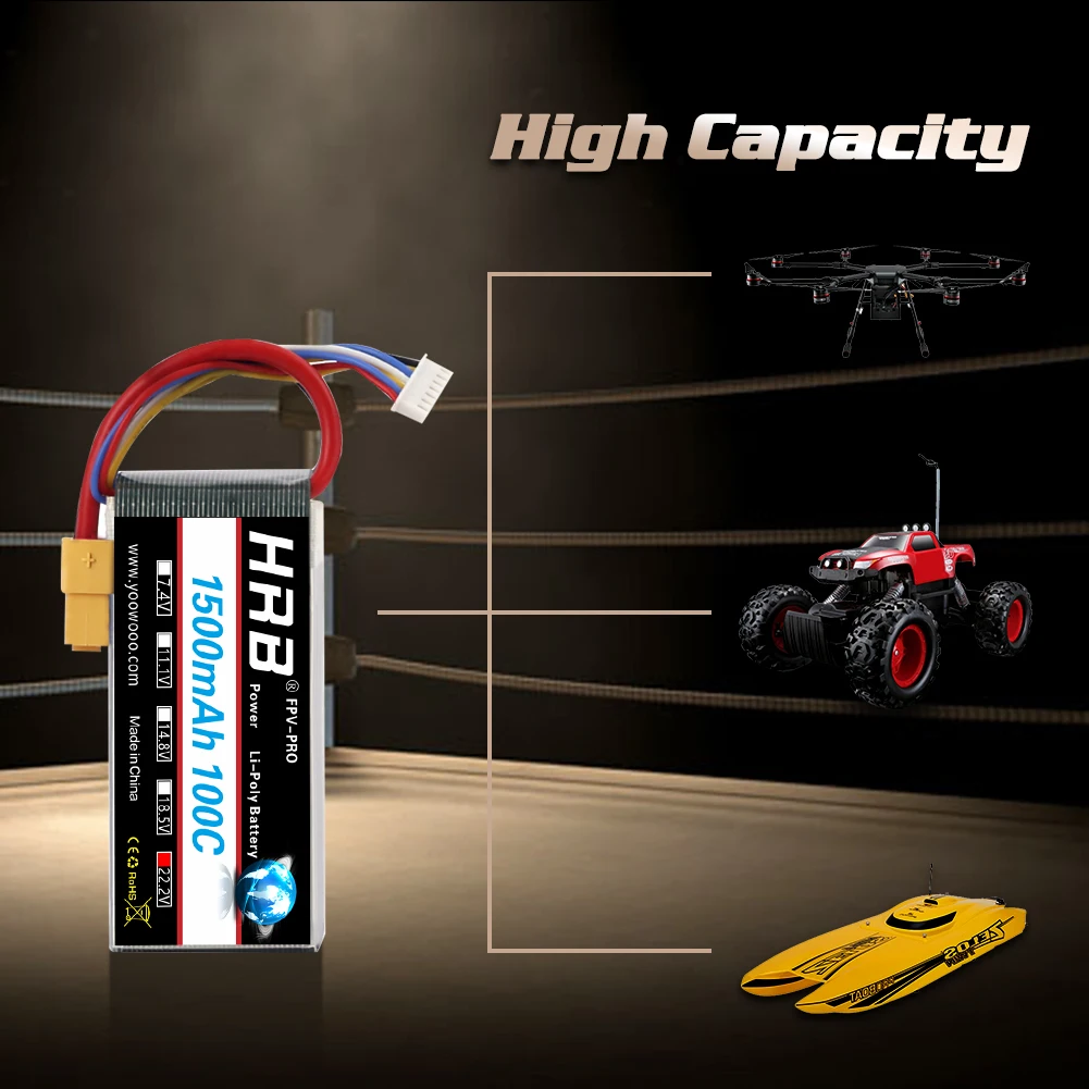 HRB 6S Lipo 22.2V 1500mAh batterie Lipo 100C avec connecteur XT60 pour avion UAU RC hélicoptère Drones RC voiture bateau pièces de bricolage