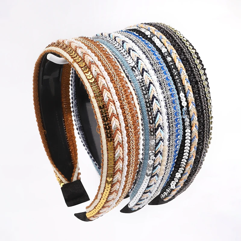 

3 шт., набор богемных повязок для волос с бисером, 3,3 см, зубчатая повязка для волос с блестками, высокая эластичность, фиксированная повязка для волос с челкой