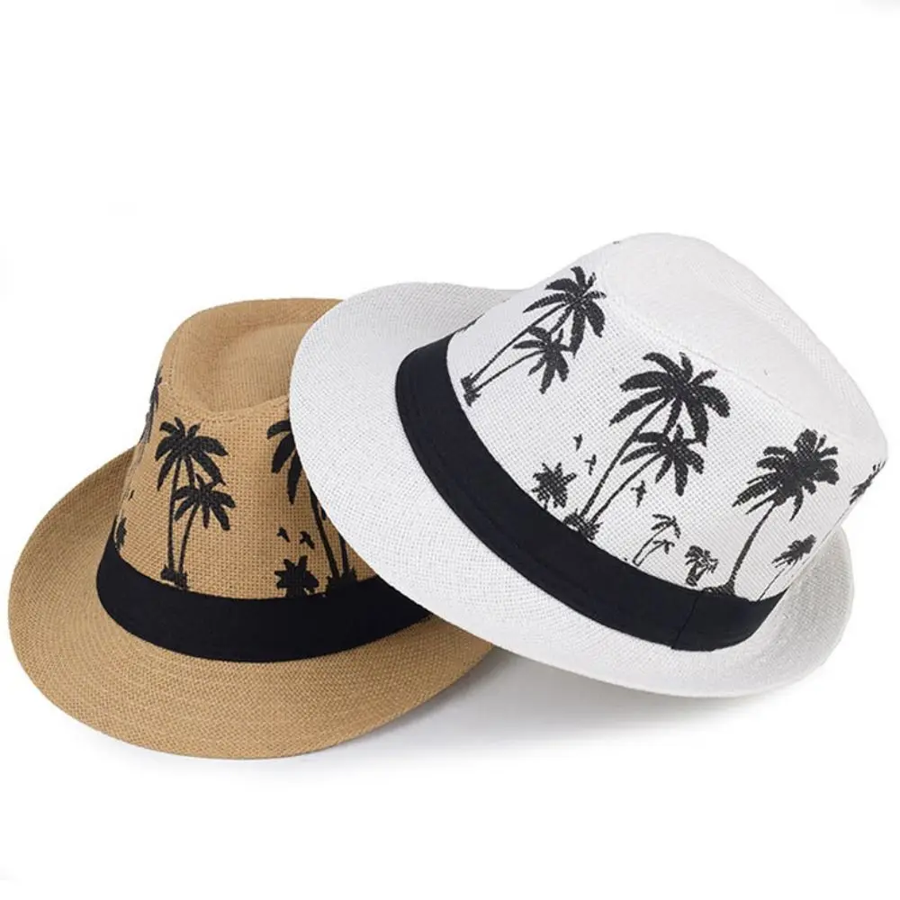 Casual Sun Protection Jazz Hat Breathable Coconut trees pattern Sun Hat Flat Top Short Brim Beach Cap Summer