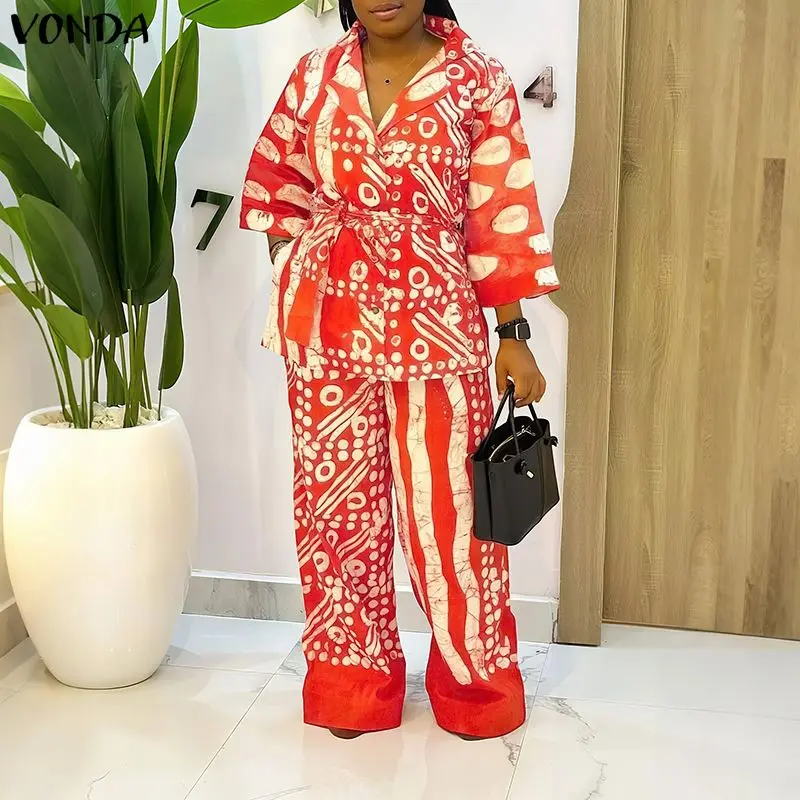 

Plus Size Women Sets 2025 VONDA Vintage Outfits 3/4 Sleeve Tops Long Trousers Fashion Lace-Up Printed Suits Casual Matching Sets