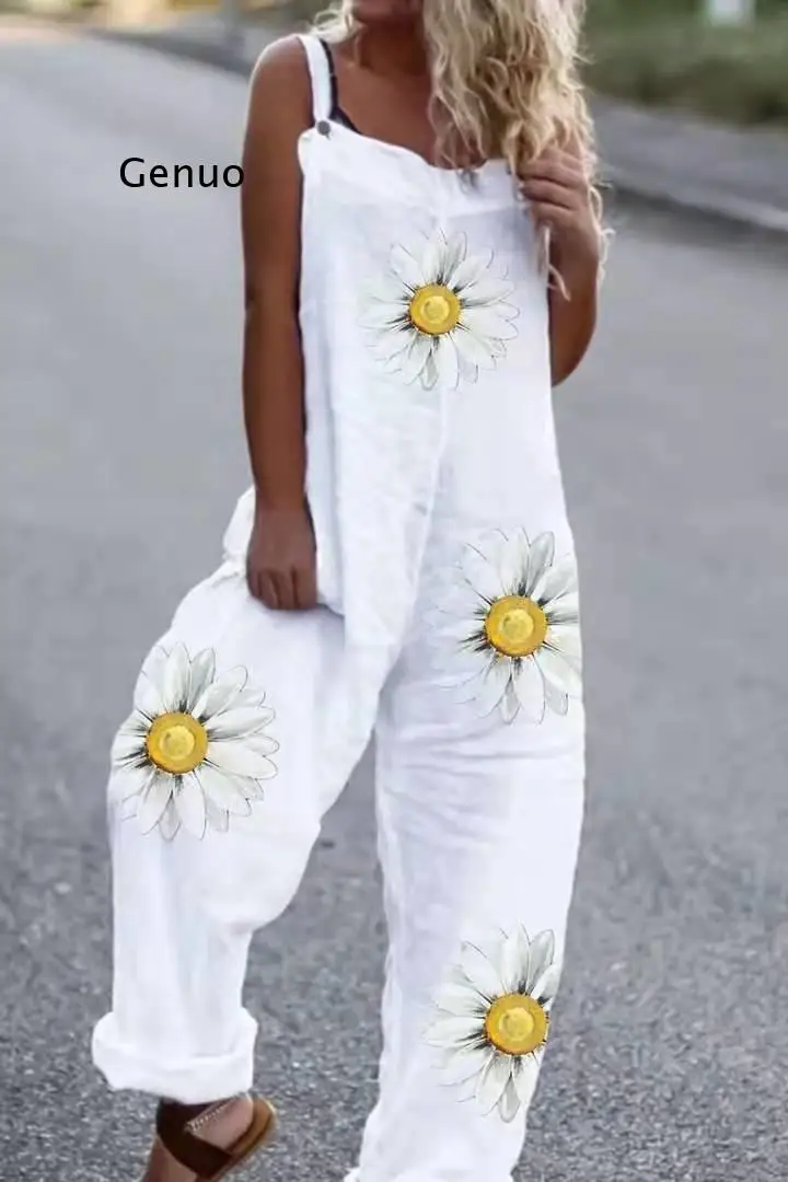 

Womens Summer Long Pants Jumpsuit Printed Middle Waist Cotton And Fashionable Romper Women White Cotton Hemp Sleeveless Overall