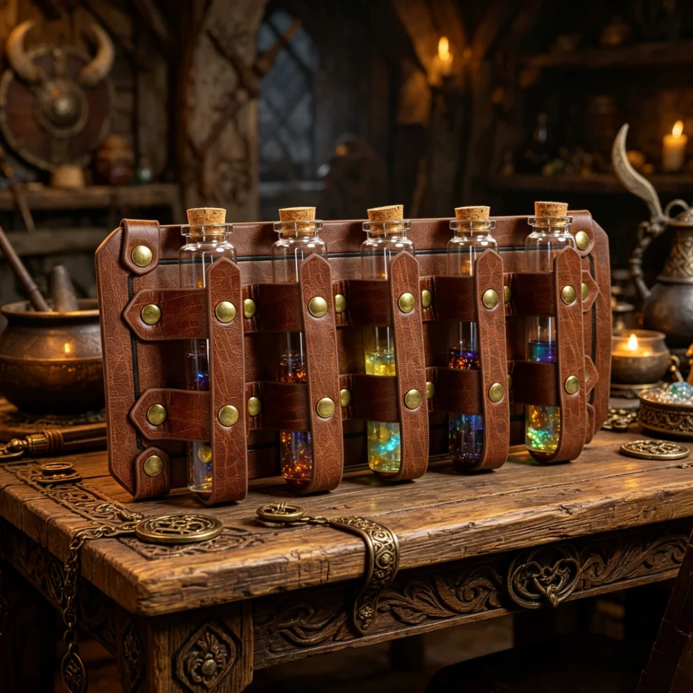 

Medieval PU Leather Vial Holder Waist Sash Alchemy Potion Bottle Carrier for Cosplay Belt