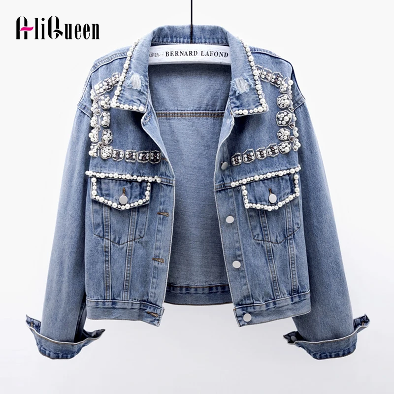 

Girl Loose Sweet Denim Jacket Casual Spring Fall Vintage Jacket Coat Women Short Pearls Beading Frayed Jeans Jacket Harajuku