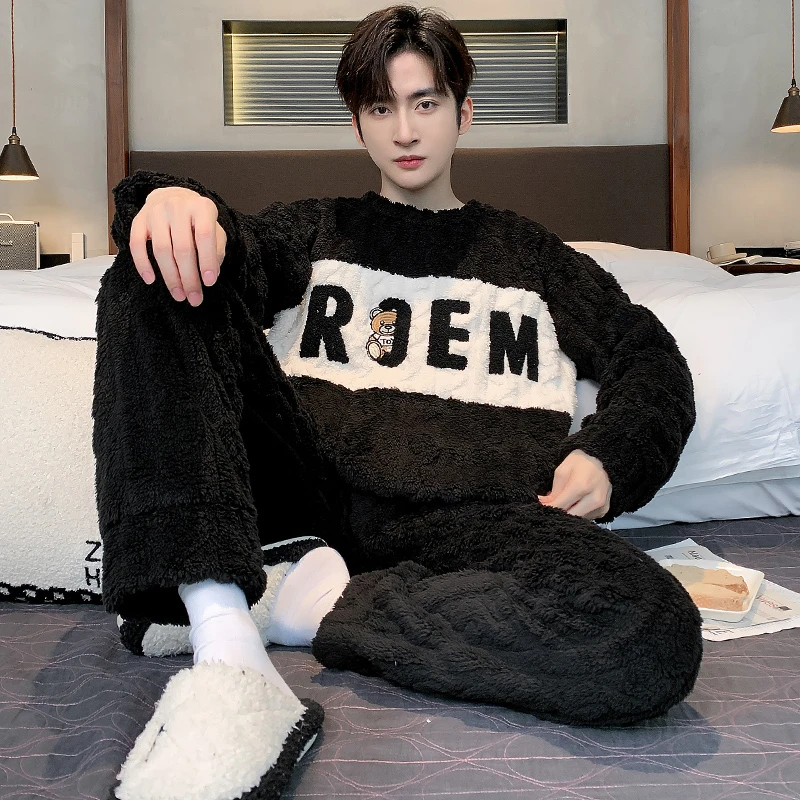 Antistatic Coral Fleece Men's Winter Pajamas Set Thicken Flannel Warm Sleepwear OverSized Soft Pajama Men Pyjama Home Loungewear