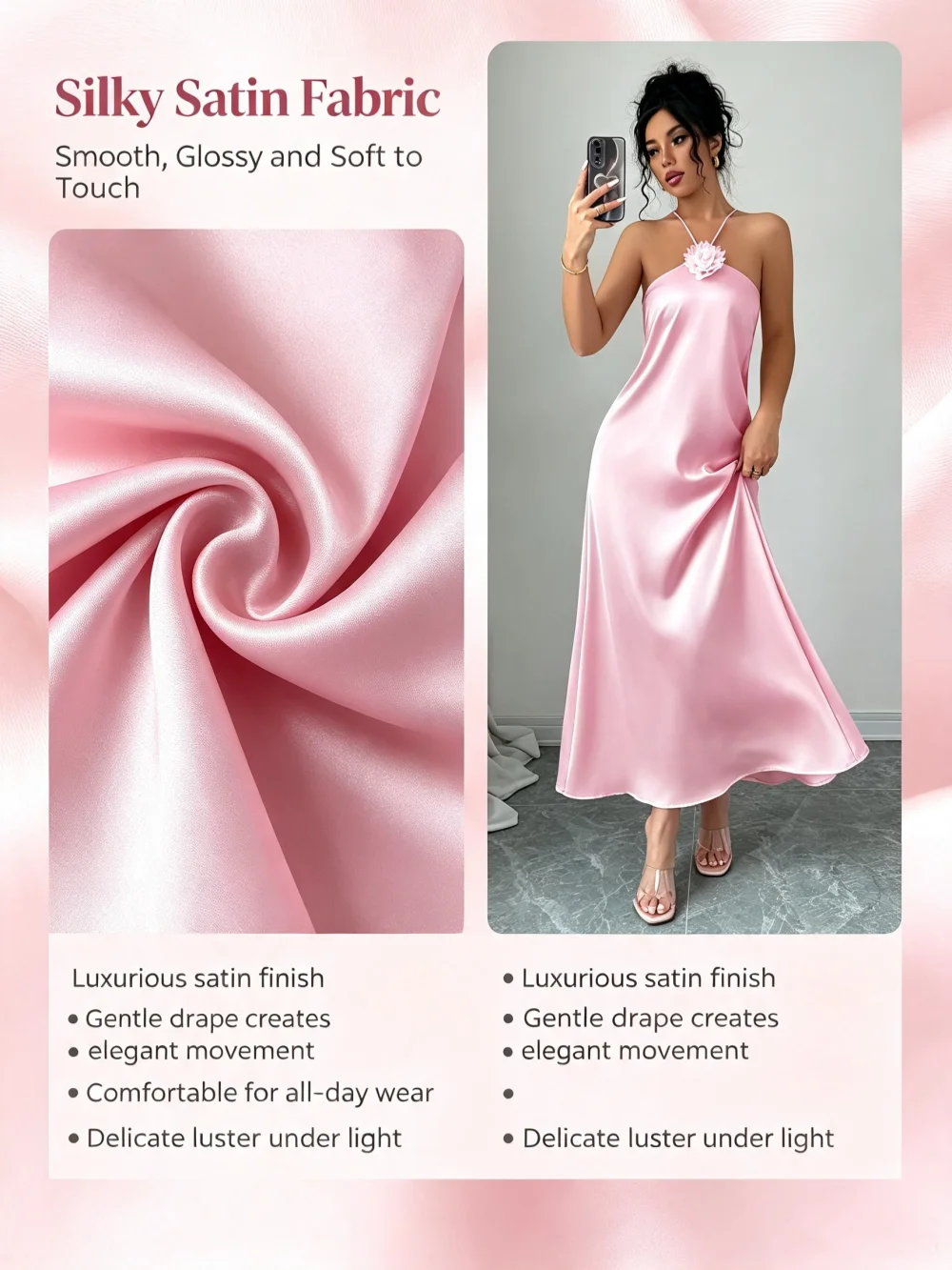 Damen 3D-Blumen Neckholder Rückenfreies Satin-Maxikleid Elegantes Rosa Slip-Kleid Langes Kleid für Hochzeitsgäste Abendparty Urlaub Midi-Kleid – Detail 3