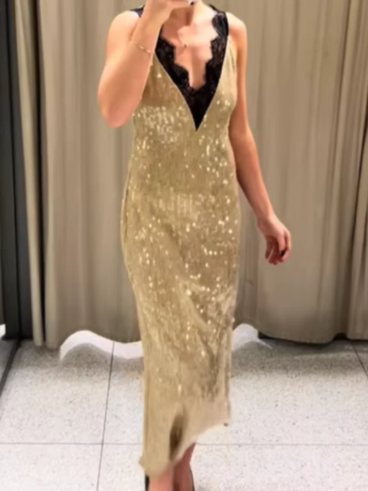 موضة الخامس الرقبة الترتر المرقعة الدانتيل فستان طويل المرأة بلا أكمام الخصر Cinched الورك المعانقة Vestidos سيدة مساء ثوب الحفلات