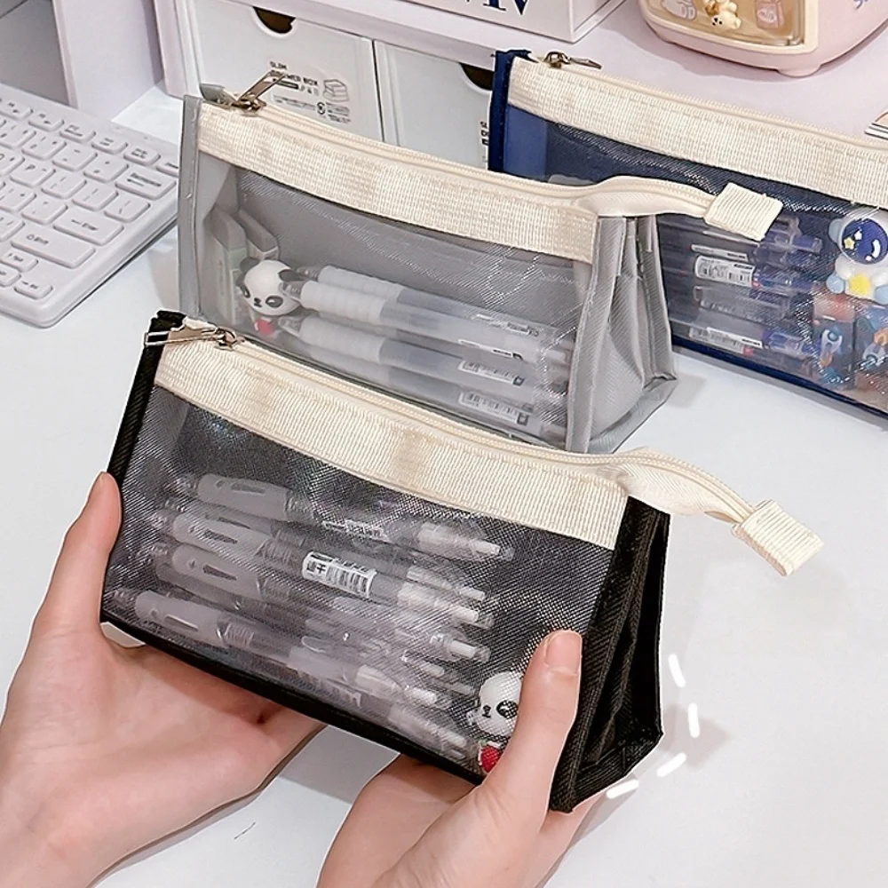 Pastel Color Block Transparent Mesh Pencil Bag Multi-Layer Large Capacity Pen Pouch for School And Office Supplies F7955