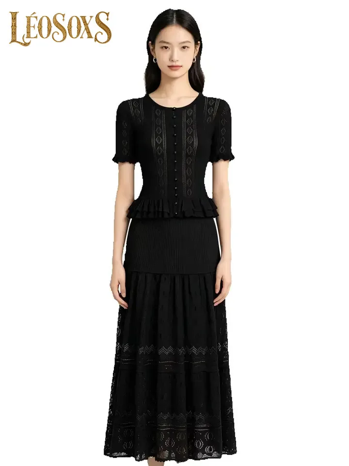 LEOSOXS Women Summer Short Sleeve Knit Cardigan Two Piece Set Midi Skirt Flattering Fit Versatile Daily Ladies Outfit