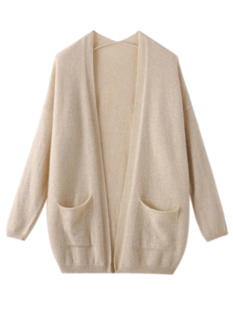 Autumn Winter Womens Casual Grace Cardigan Sweater 100% Merino Wool Solid Pocket Cashmere Knitwear Jumpers Korean Fashion 2023