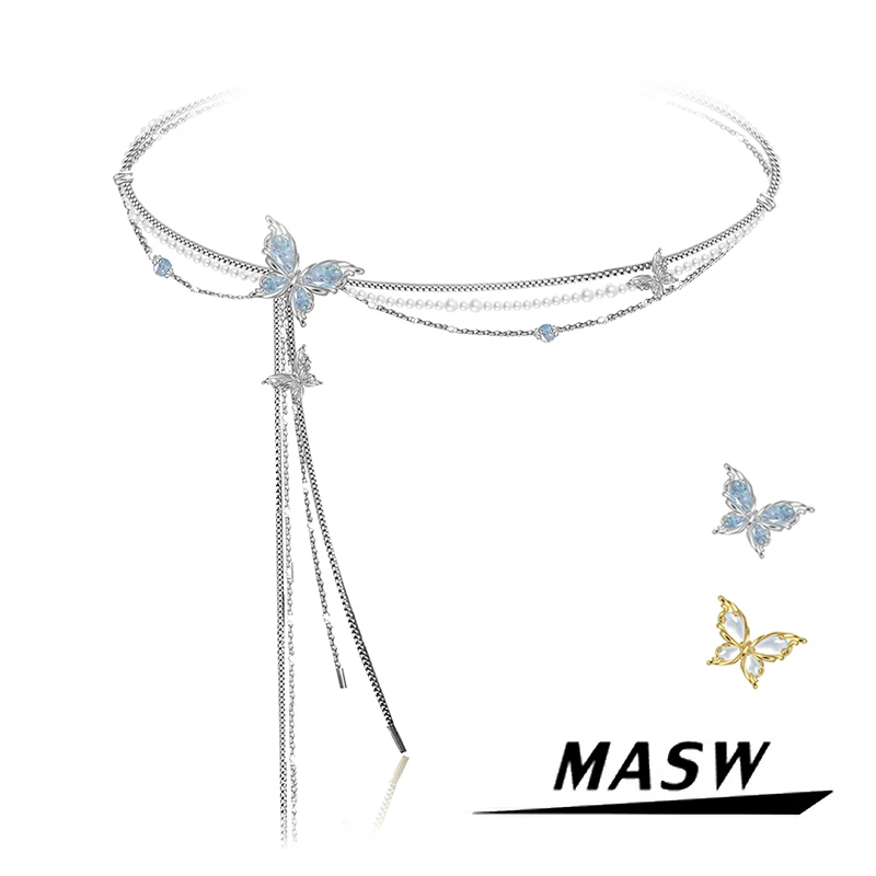 MASW Original Design Spring Summer Style Pretty Blue Butterfly Necklace For Women Girl Party Wedding Gift Fashion Jewelry