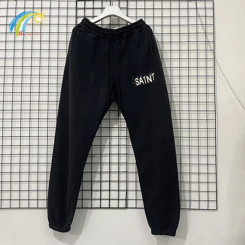 

Men Women Jogger Drawstring Overlapping Letter Logo Print Saint Sweatpants Best Quality Cotton Vintage Washed Black Casual Pants