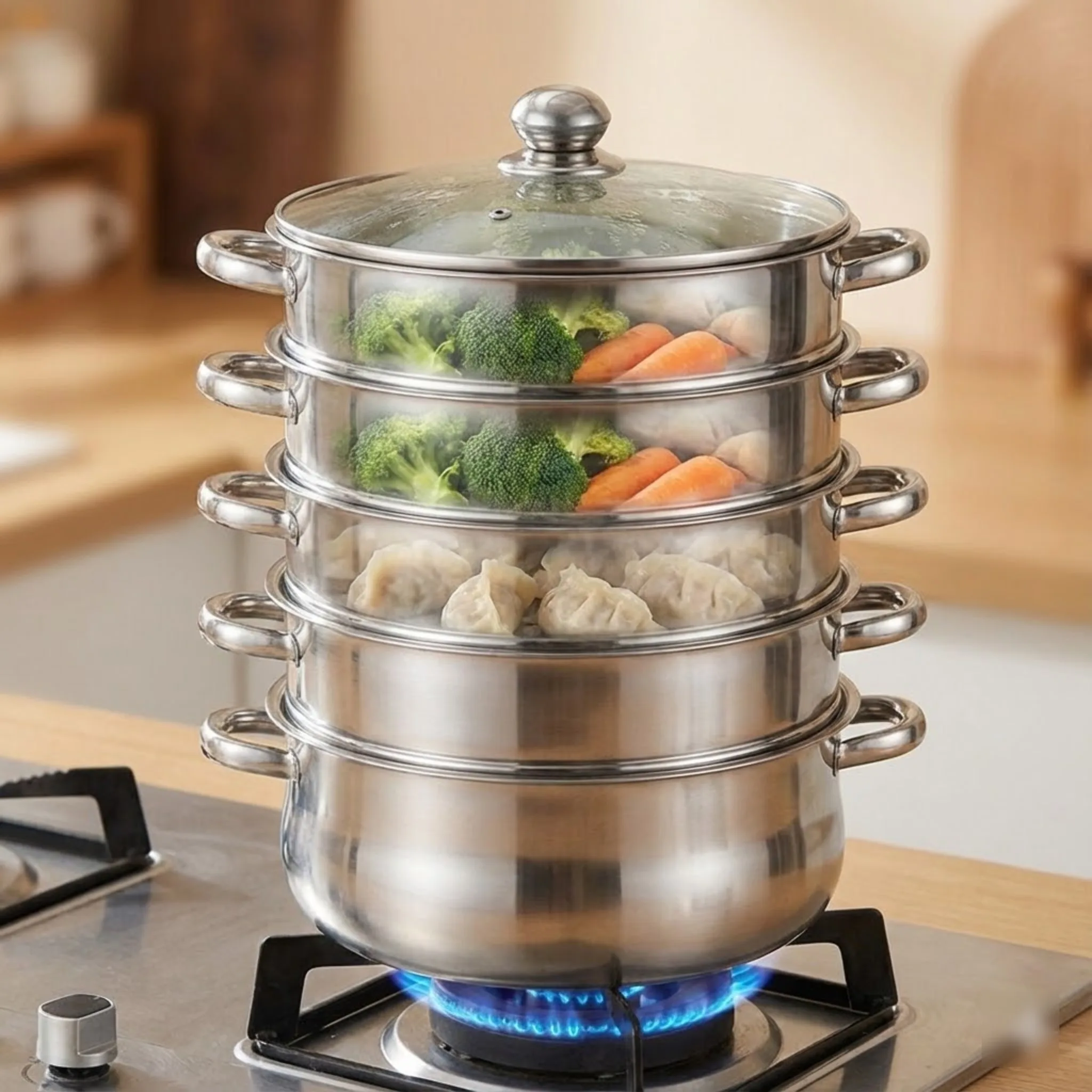 

5 Tier Stainless Steel Steamer Pot Set 28cm Large Capacity Stackable Cookware With Glass Lid For Home Kitchen