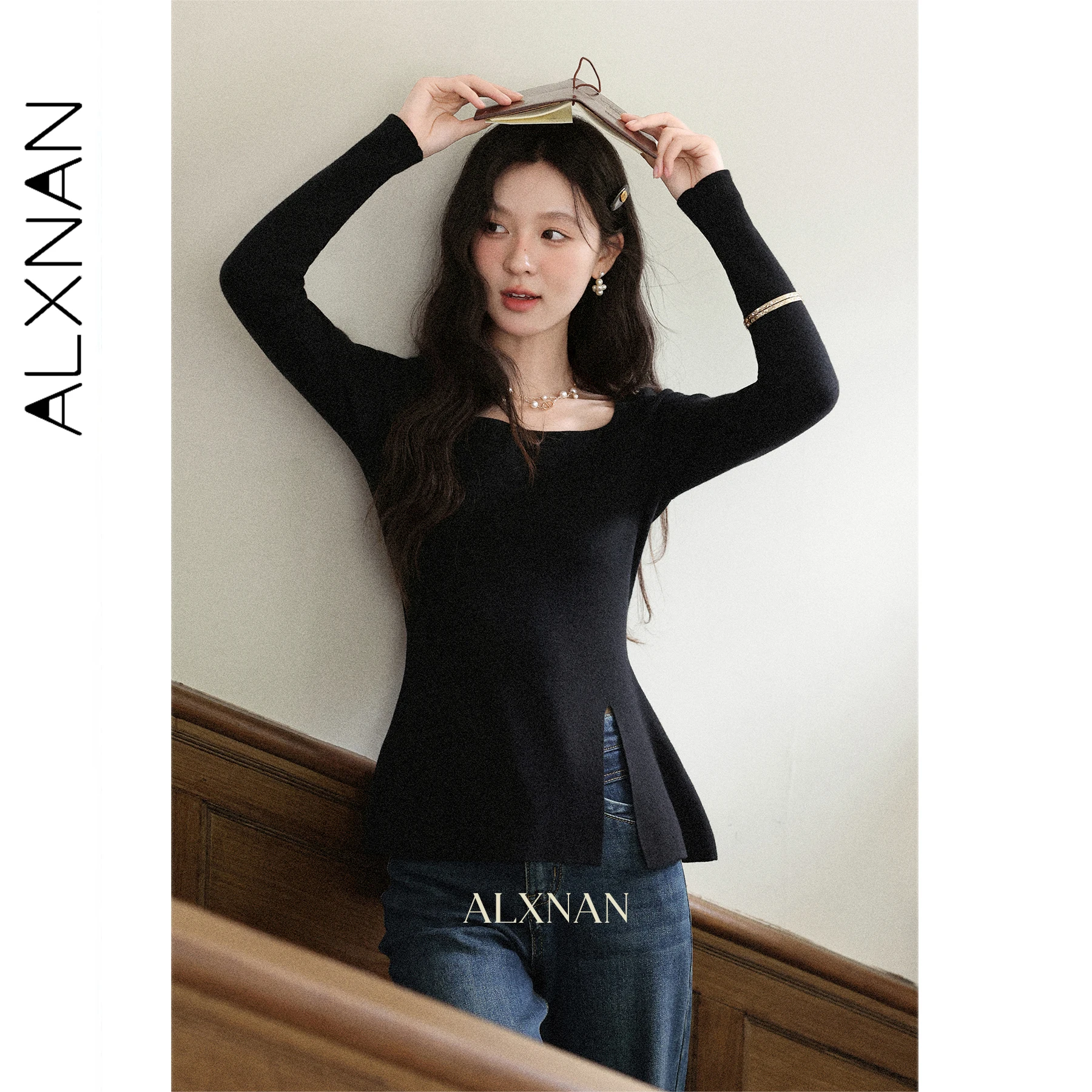 

ALXNAN Black Long Sleeve T-shirt Women Slim-fit U-neck Slit Design T-shirts Office Lady Casual Elegant Tees Female Tops L57112