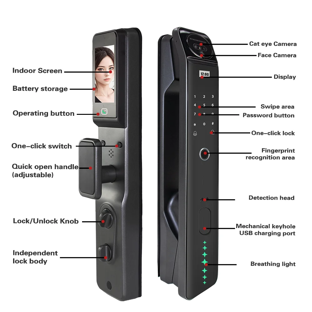 2024 New Tuya APP WIFI 3D Face Digital Electronic Lock Smart Door Lock Biometric Electronic Lock Security Camera Sentry mode