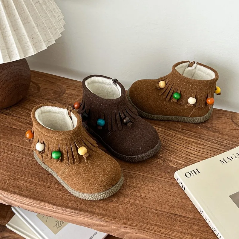 

2025 New Winter Children Snow Boots Suede Leather Warm Plush Toddler Shoes Non-slip Fashion Baby Girls Cotton Boots 1-6 Years