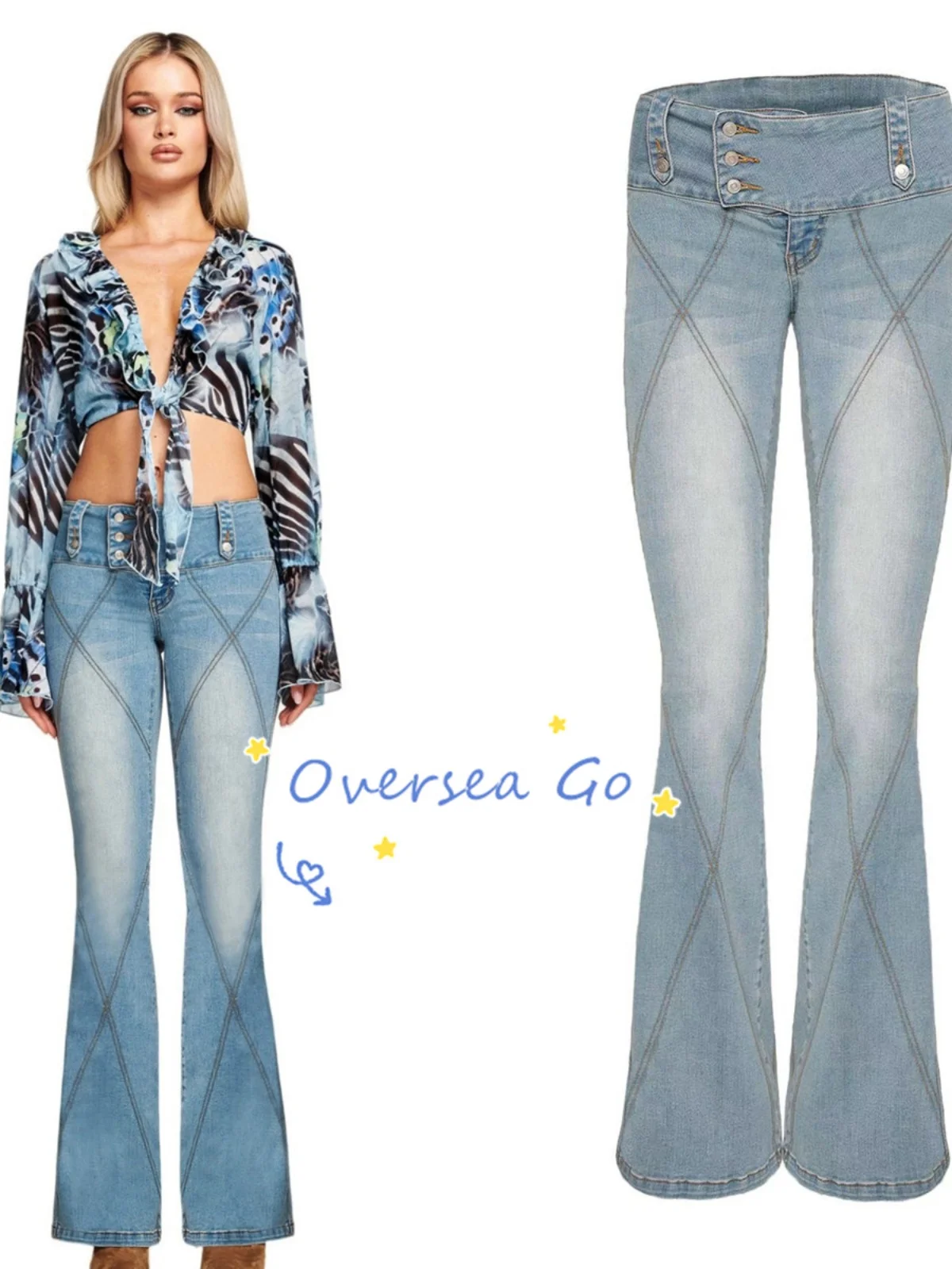 

Женские джинсы-клеш с низкой посадкой, вышивкой и внешней строчкой, новые 2023, из хлопкового стрейч-денима IIA, с высокой талией, с эффектом потертости