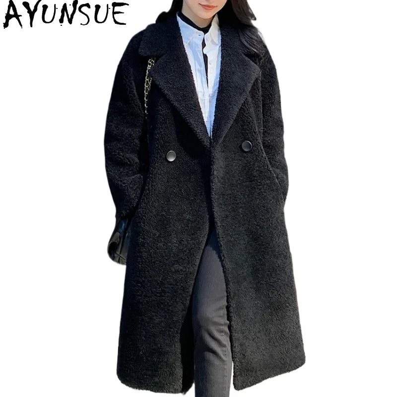 AYUNSUE Sheep Shearing Overcoat Women Black Real Fur Coat for Woman Winter Warm Wool Long Coats Womans Clothing Fourrure 2024