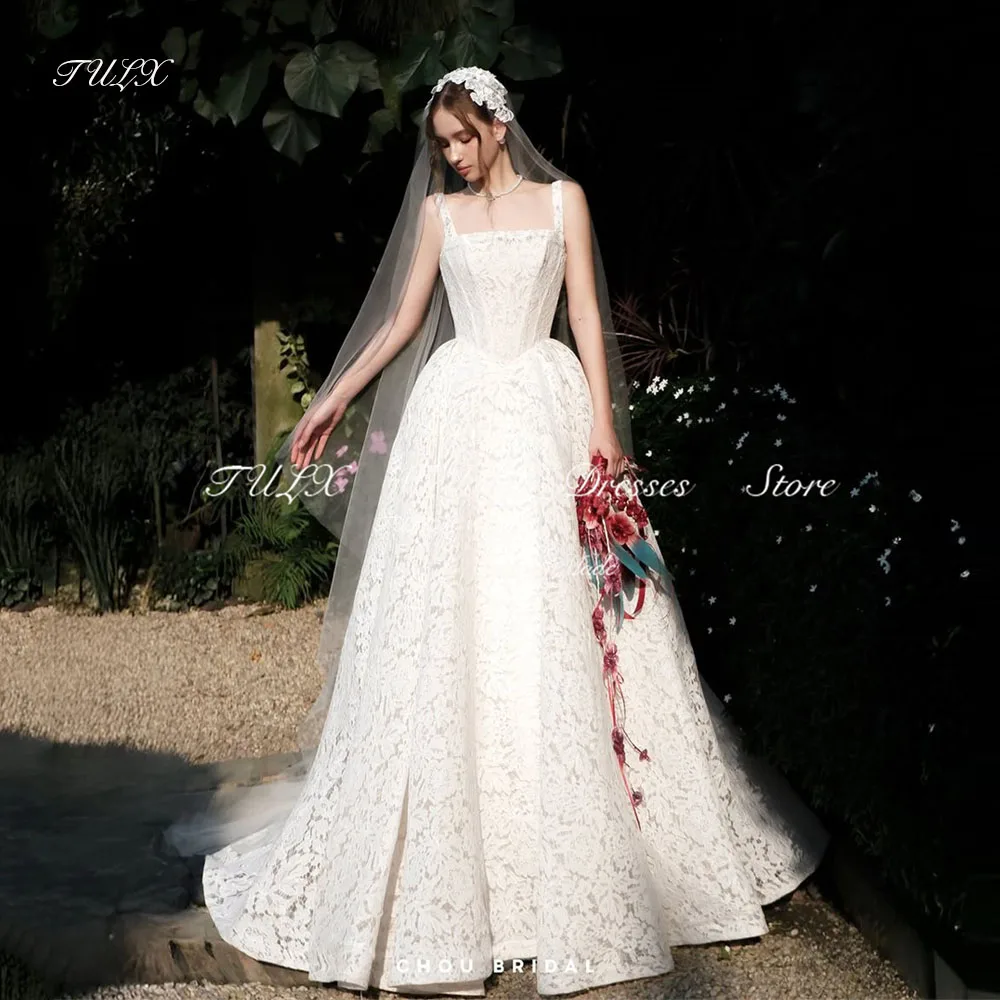 

TULX Luxury A line Lace Wedding Dress Square Collar Strap Bridal Gown Women Corset Floor Length Robe De Mariée Customized 2025