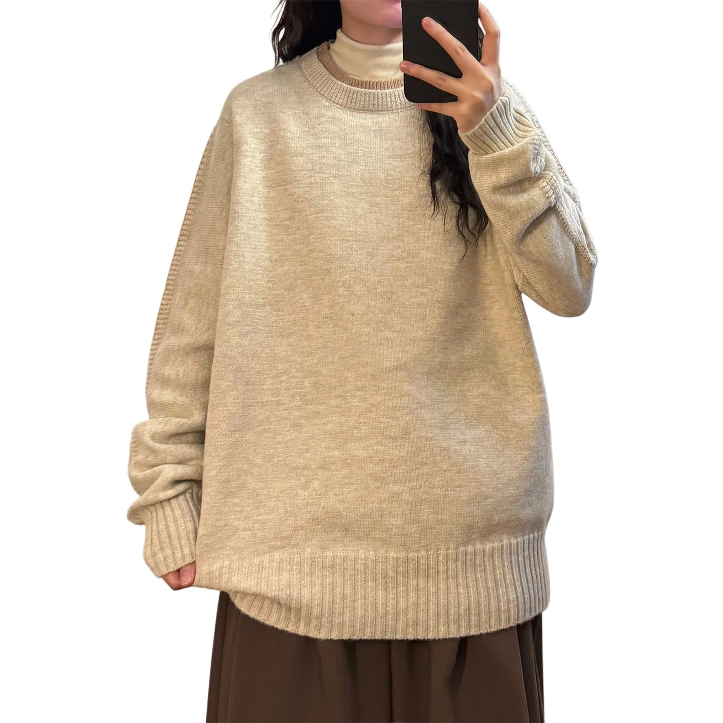 ECOKSOLO Japanese Retro round Neck Sweater Early Autumn New Simple Pure Color Design Sense Inner Wear Top Women's Knittedwear