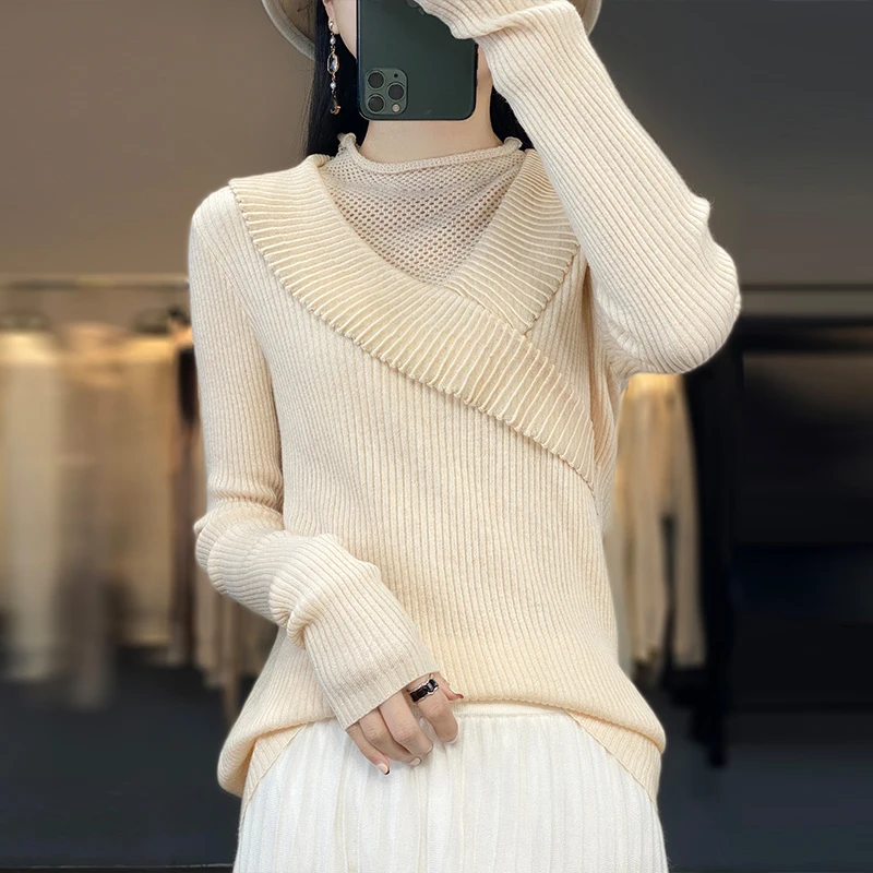 

Autumn Winter Pure Merino Wool Women Warm Sweater Curled Cross Half High Collar Pullover Casual Knit Sweater Bottoming Tops