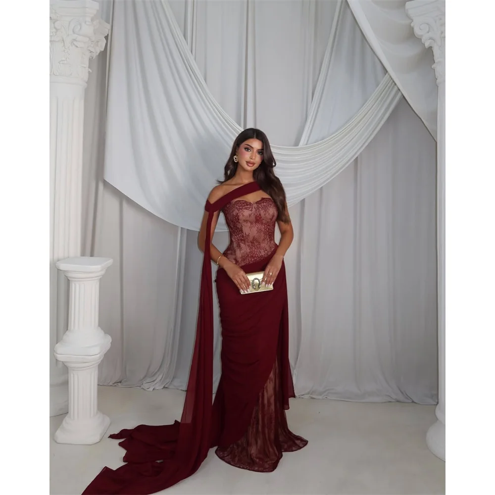 

Lorrtta Lace V-Neck burgundy Mermaid Asymmetrical Drape Elegant Luxury Evening Dress 2026 Draped Customized Robes de Soirée