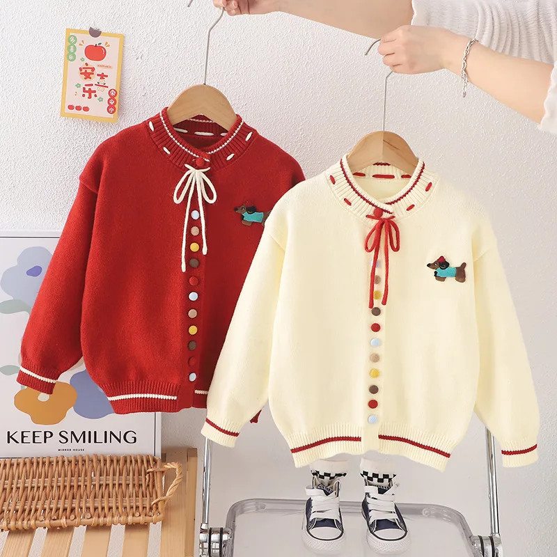 

autumn winter girl sweaters knitted cardigans college style junior child Embroidered cartoon dog jacket princess sweater clothes