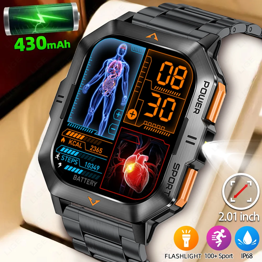 

LIGE Спорт на открытом воздухе Смарт-часы 2,01-дюймовый HD-экран Кислород в крови Светодиодный фонарик Bluetooth Говорящие умные часы для мужчин Праздничные подарки