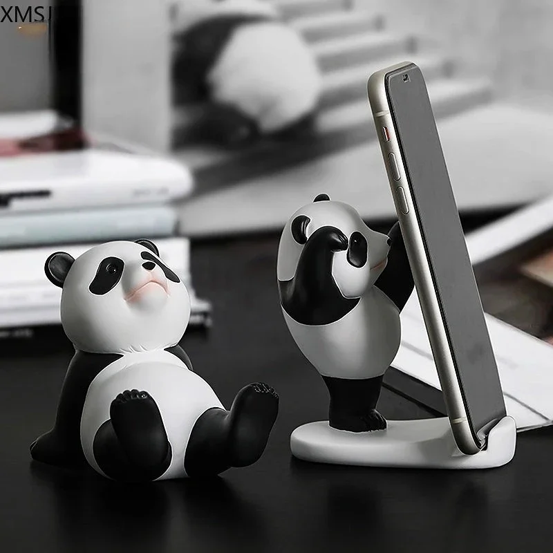 

Panda Figurines For Interior Universal Cell Mobile Phone Stand Holder Modern Resin Sculpture Statue Home Office Desk Decor