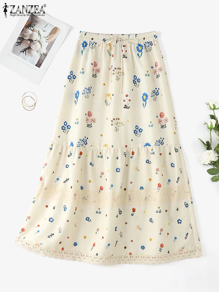 Zanzea moda feminina saias longas 2025 outono rendas babados floral impressão maxi bottoms cintura elástica jupes boêmio faldas saia