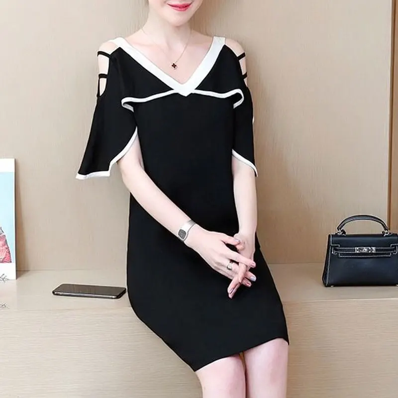 Women\'s Clothing Elegant V-Neck Off Shoulder Midi Dress Fashion Ruffles Spliced Summer Sweet Solid Color A-Line Waist Dresses