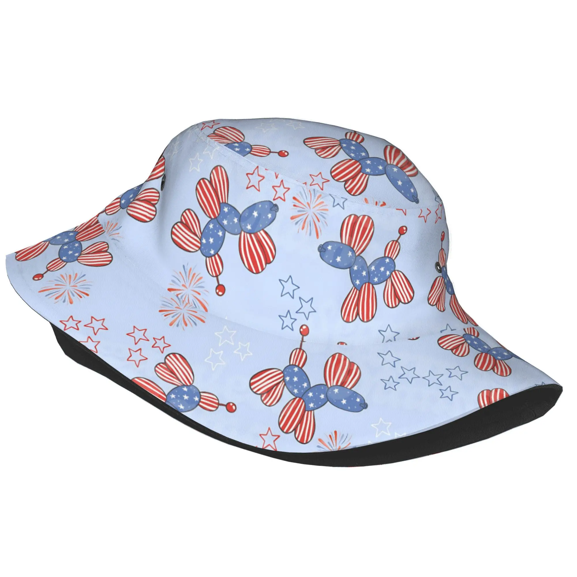 A Fully Printed Bucket Hat for Adults Featuring A Stars and Stripes Balloon Dog Design, Suitable for Both Men and Women