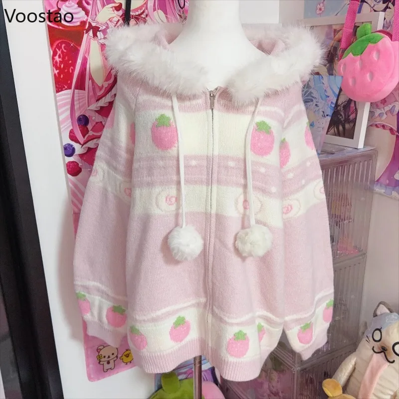 

Japanese Kawaii Lolita Style Knitted Cardigan Women Y2k Strawberry Embroidery Fur Patchwork Hooded Sweater Autumn Winter Coats