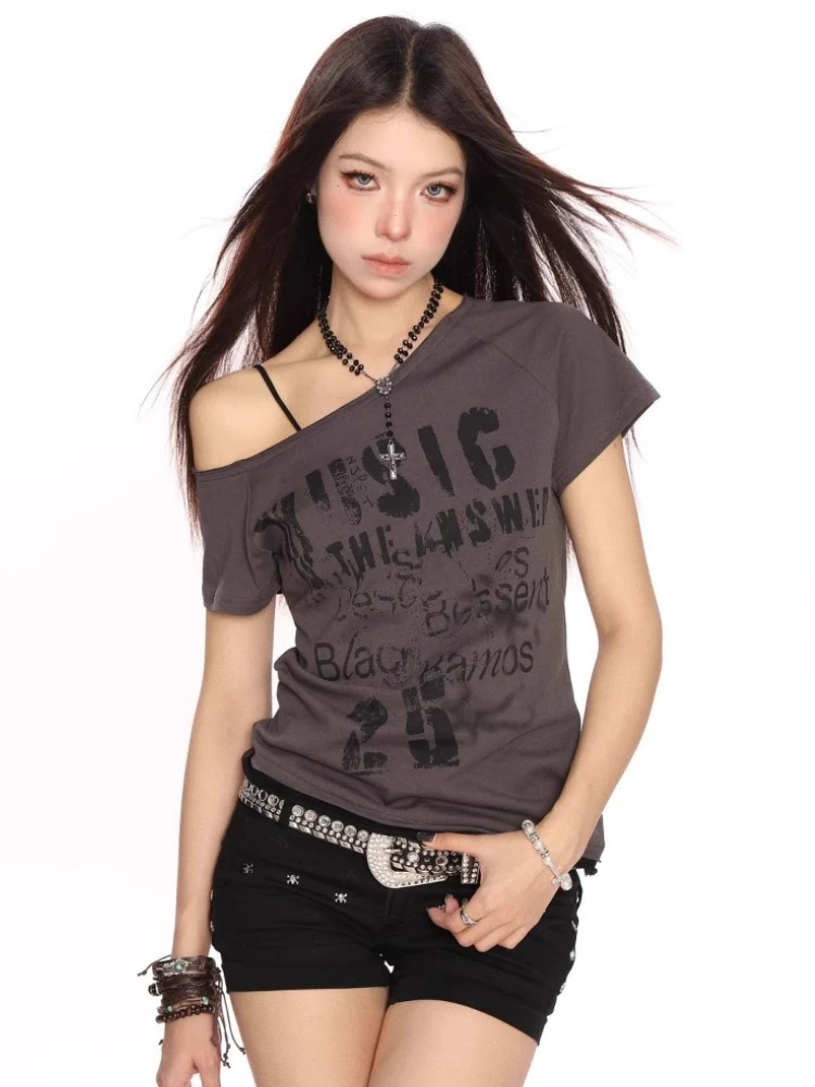 

Ретро американская футболка с открытыми плечами женская y2k футболки с короткими рукавами и буквенным принтом летние тонкие короткие корейские повседневные топы уличная одежда