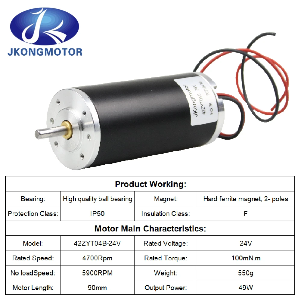 Jkongmotor 42ZYT04B 42ZYT04 24V Brush DC Motor Permanent Magnet DC Motor Brushed Motor 24V 49W 4700Rpm 100mN.m