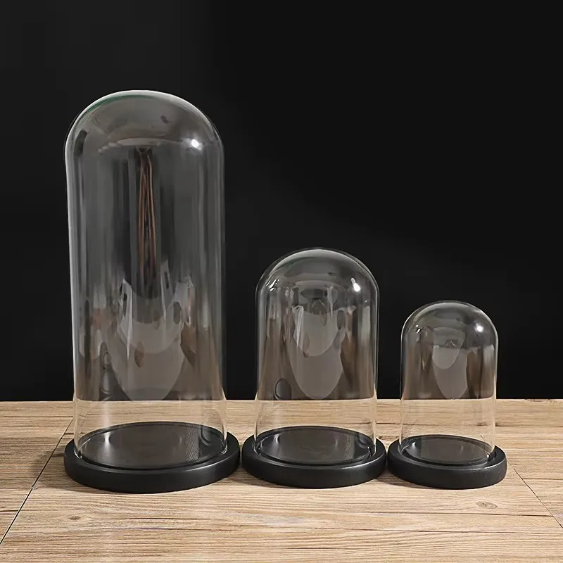 Dia 20cm Custom Decorative Clear Display Glass Cloche Bell Jar Dome With Black Wooden Base For Gifts