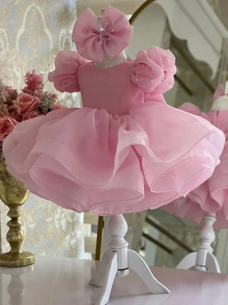 Prinzessin Rosa Blumenmädchenkleid für Hochzeit Tüll Puffy Perlen Kurzarm mit Schleife Mädchen Klavier Performance Formelle Ballkleider