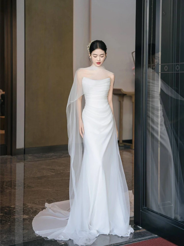 

Элегантное простое свадебное платье с шлейфом для выхода на церемонию, модное женское платье-русалка для встречи гостей