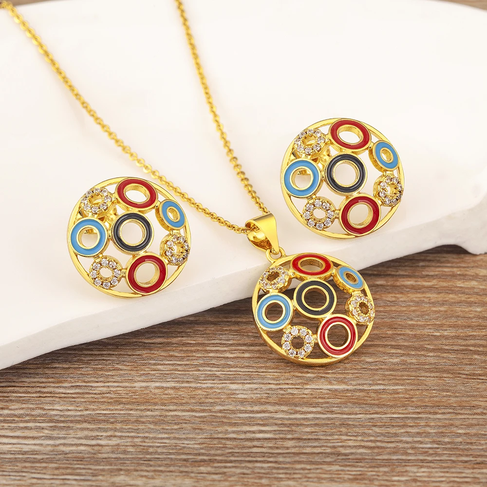 Nidin Ins Popular Fashion Creative Hollow Design Circle Colorful Zircon Necklace Earrings Luxury Party New Year Jewelry Sets